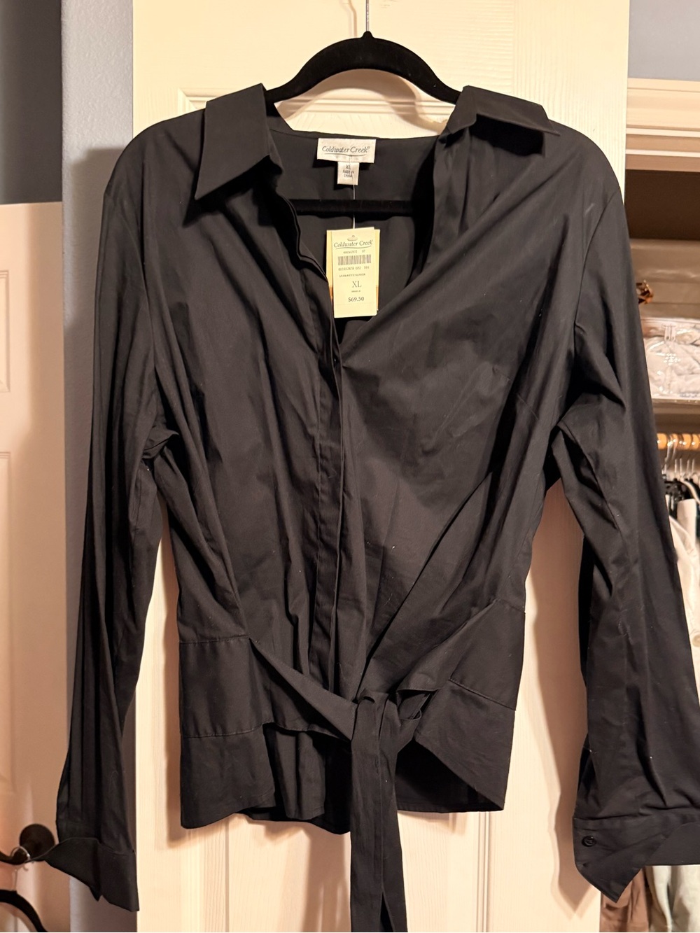 Coldwater Creek Black Button-Front Tie Waist Shirt